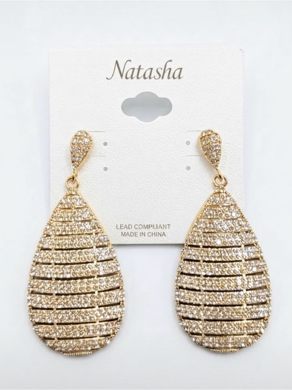 NWT ⚜️💎⚜️ NATASHA Gold Tone Pave Rhinestone Teardrop Statement Earrings